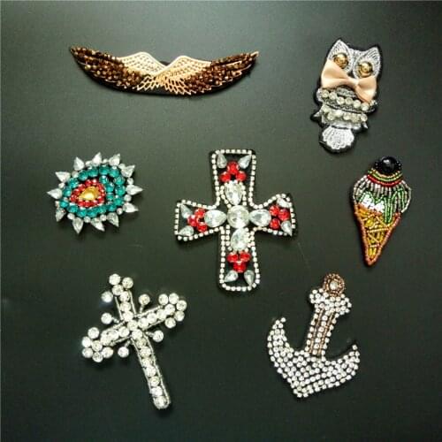 3D Handmade Rhineston beaded Patches cross,anchor,wingSew on sequined patch for clothing beading Applique cool patch