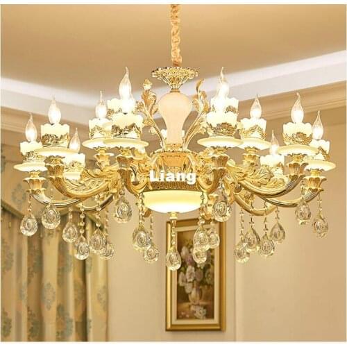 Free Shipping European K9 Crystal Zinc Alloy Jade Golden Chandeliers 15 Lights Dinning Room Crystal Living Room Hanging Lamp