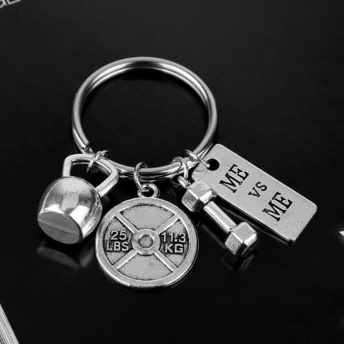 MQCHUN Diy Barbell Keychain Gym Keep Fitness Sport KettleBell Strong is Beautiful Me v s Me Body Building Keyring Men Women Gift