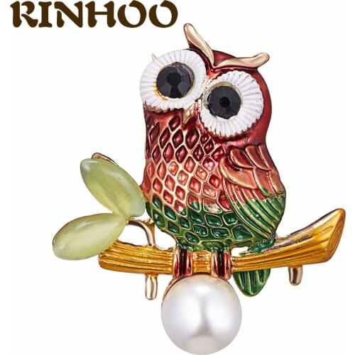 RINHOO Lovely Branch Owl Brooches For Women Colorful Enamel Pins Bird Animal Brooch Elegant Pearl Accessories Party Gifts