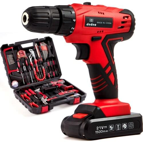 DEDEO 21V Red Tool Kit with Drill 247 In-lb Torque 0-1350RMP Variable Speed 10MM Keyless Chuck 18+1 Clutch 1.3Ah Li-Ion Battery