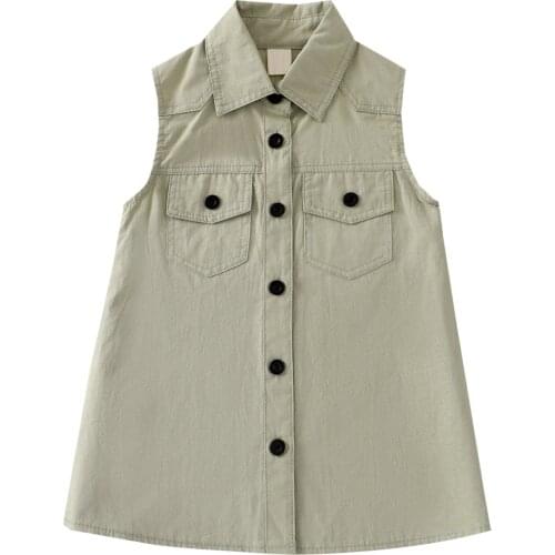 Kids Summer Shirt Dress, Solid Color Turn-Down Collar Sleeveless Button-Open Jumper Skirt for Girls, 6 Months to 4 Years