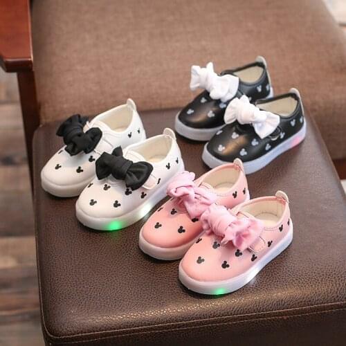 Disney Childrens Cartoon Minnie Bow Princess Girl Non-slip Waterproof Soft-soled Casual Shoes Student Sports Shoes Lighting LED