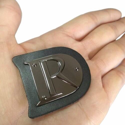 Wholesale Free Shipping 10pcs/Lot black PU leather stitching label on label metal alloy R logo icons label Badge-38MM