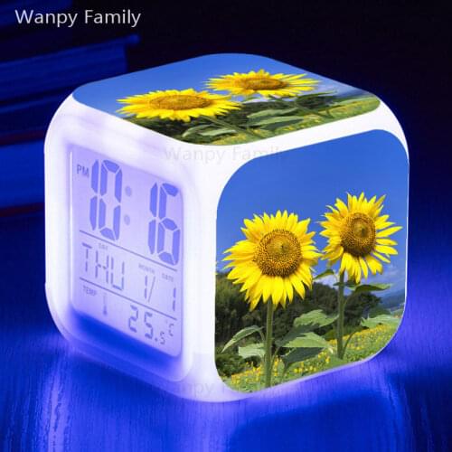 Very nice sunflower LED alarm clock Large screen multifunction color change glowing digital alarm clock for kids birthday gifts
