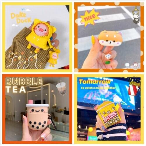 Cute Cover for AirPods 2 Case Silicone Cartoon Animal Earphone Case for Apple Air Pods Case Bubble Tea Accessories with Keychain