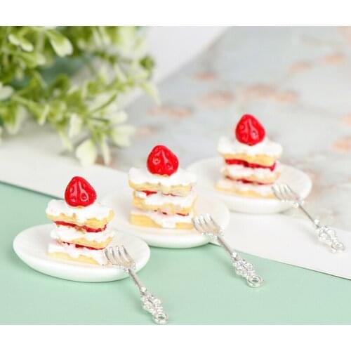 1Set 1:12 Dollhouse Miniature Strawberry Cake Plate Fork Model Kitchen Decor