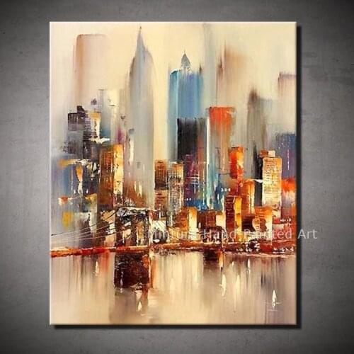 Mintura 100% Handpainted Modern Cream City Landscape Abstract Oil Painting On Canvas Wall Art Picture For Living Room Home Decor