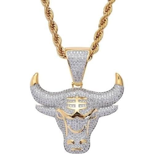 Fashion Full Zircon Simple Bull Head Pendant Necklace, Slippery Object Pendant, Casual Mens and Womens Necklace