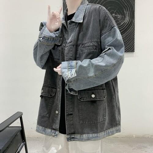 YASUGUOJI New 2021 Cotton Denim Jacket Men Hip Pop Fake 2 Piece Patchwork Jeans Jacket Men Streetwear Loose Quality Mens Jackets