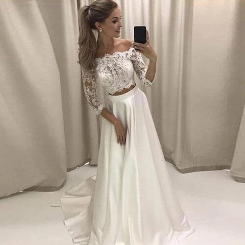 2021 New Two Pieces Wedding Dress Strapless Lace Satin Boho Wedding Gown with Half Sleeve A-Line Beach Bride Dress Custom Made