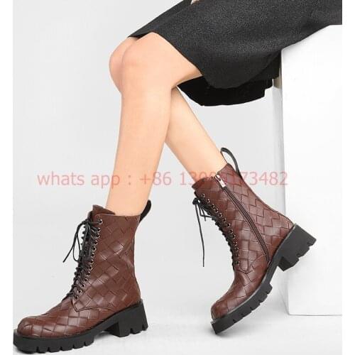 2021 new square toe thick sole woman Checkered printing Martin boots women platform flat high top lace up boots