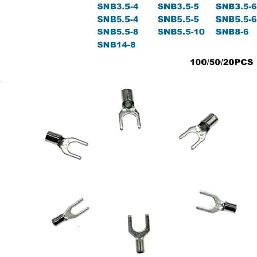 Crimp Terminals Electrical Spade Bare Cord End Wire Connector SNB1.25~SNB14 Cable Ferrules 0.5-16mm2 22-6AWG 100/50/20Pcs