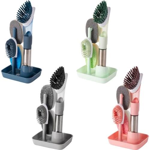 Dishwashing Brush With Soap Dispenser Set Add Liquid Handle 4 Replacement Brush Heads Kitchen Tableware Sink Cleaning Fashion