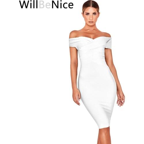 Willbenice Women Sexy Bandage Dress Off Shoulder Red Khaki Green Black Celebrity Party Club Bodycon Dresses Vestidos Knee Length
