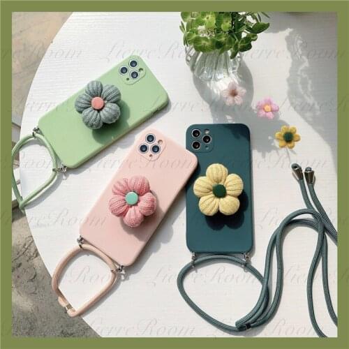LierreRoom For Iphone Xs Max Wool Flower Stand Lanyard Mobile Phone Shell IPhone 11 Pro Pure Color XR 12Pro Max Protective Cover