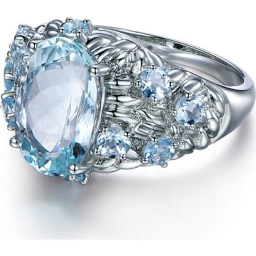 Womens Fashion Luxury 925 Sterling Silver AAA Blue Zircon Ring Engagement Wedding Gift Jewelry