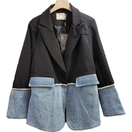 2021 Autumn Fashion Suit Collar Patchwork Denim Blazer Coat Women Casual Long Sleeve Suit Jacket Female Loose Mid Long Blazers