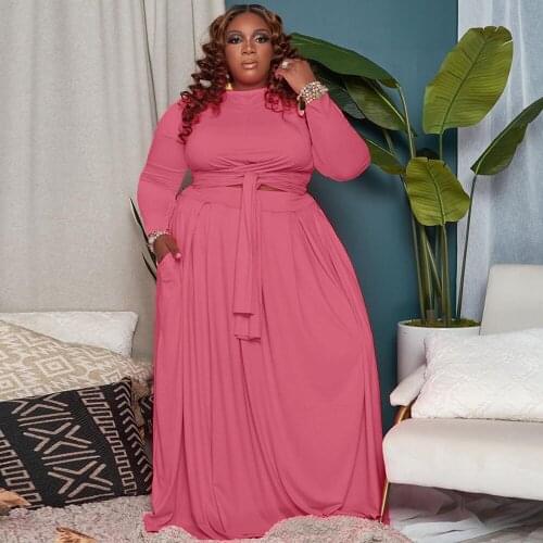 XL-5XL Plus Size Two Piece Dress Set Women Long Sleeve O-neck Crop T-shirts and Pleated Long Maxi Skirt Office Lady Tracksuits