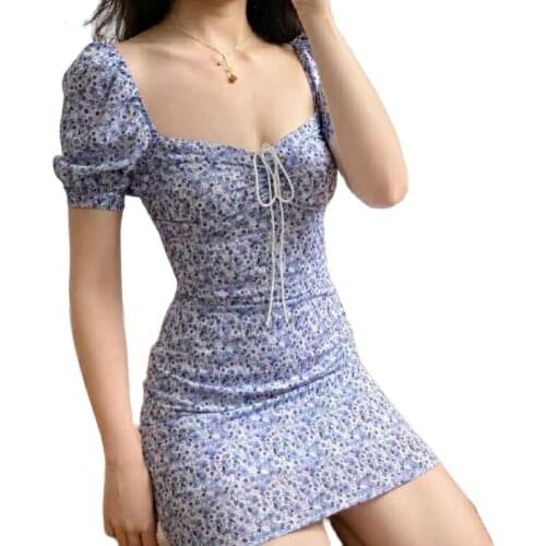 Summer Dress Retro Boho Women Tie Neck Floral Print Floral Mini Sexy White Dress Elegant Puff Sleeve Dresses Korean Vestidos