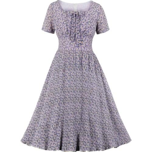 Beach Floral Women Casual Party Dress with Bow Short Sleeve 50s 60s Swing Rocakbilly Pin Up Vintage Sundress 2021 Boho Dress