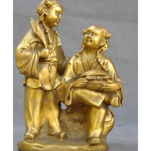 8"old Chinese brass folk fairy girl sisters statue