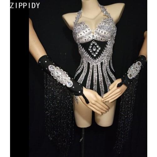 Flashing Silver Rhinestone Bodysuit Birthday Celebrate Show Outfit Fringe Gloves Outfit Women Dance Prom Outfit Set