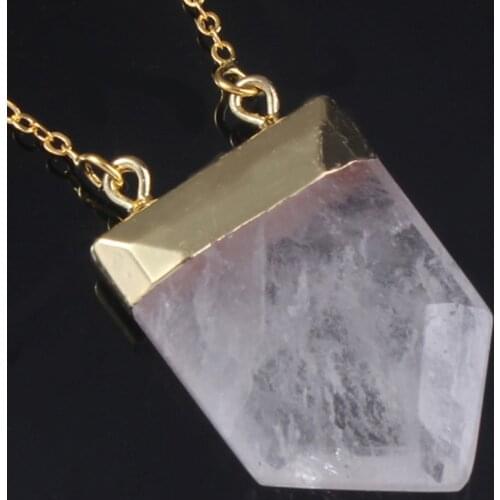 FYSL Light Yellow Gold Color Geometric Shape Rock Crystal Pendant Link Chain Necklace Amethysts Stone Jewelry