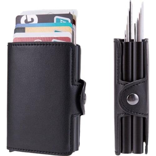 Rfid Leather Card Holders Portable Pulled Men & Women Business Credit Card Holder Wallet With Automatic Double Card Box