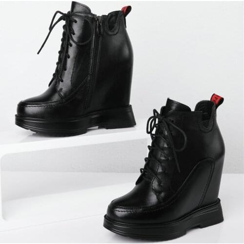 2020 Lace Up Trainers Women Genuine Leather Wedges High Heel Platform Pumps Shoes Female Round Toe Fashion Sneakers Casual Shoes