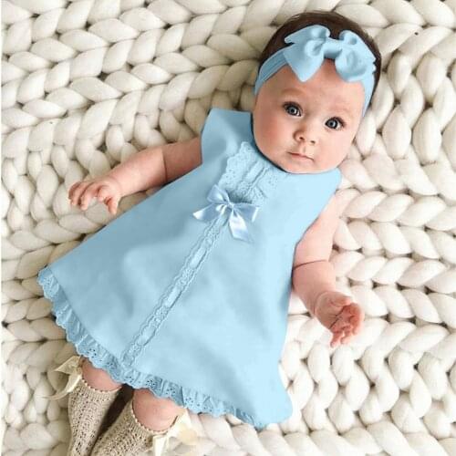 Summer Newborn Infant Baby Girls Sleeveless Solid Colors Casual Lace Bowknot Party Princess Dress+Headband Outfits Clothes#p4
