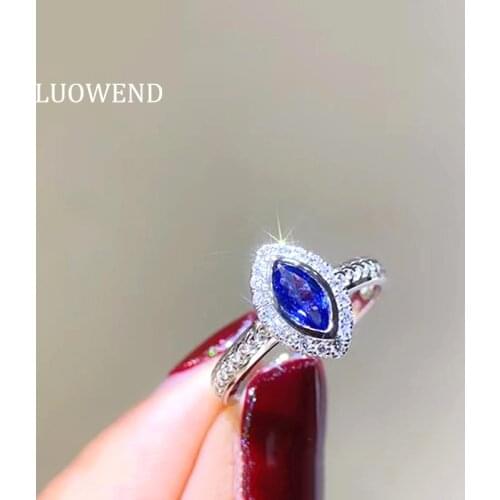 LUOWEND 100% Real 18K White Gold Rings Marquise Cut Blue Sapphire Bague Natural Diamond Ring for Women Wedding Cocktail Jewelry