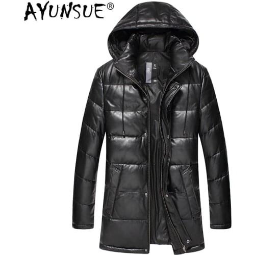 Mens Leather Jacket Winter Genuine Leather Jacket Men Hooded Long Sheepskin Coat Down Plus Size Chaqueta Cuero Hombre 15D117