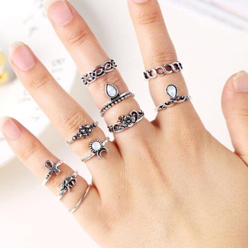 10PCS/LOT Bohemian Midi Ring Set Vintage Steampunk Elephant Moon Anillos Ring Knuckle Rings for Women Anel YW657