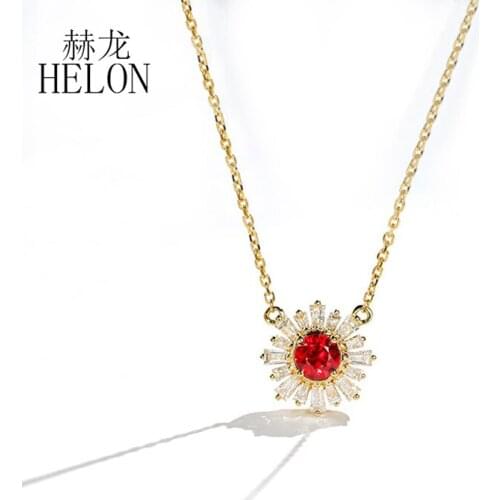 HELON Solid 18K Rose Gold Round 0.3ct Natural Gemstone Ruby & 0.35ct Diamonds Necklace Fine Jewelry Best Birthday Gift For Women