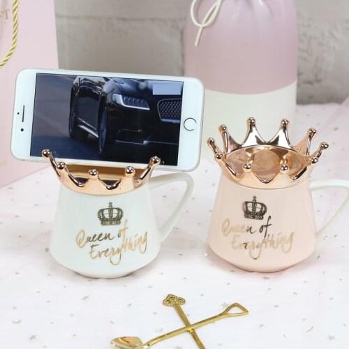 Nordic Wind Pink Crown Cup Ins Mug Spoon Coffee Mug Creative Ceramic Water Milk for Breakfast Cups and Mugs Girl Gift Cute