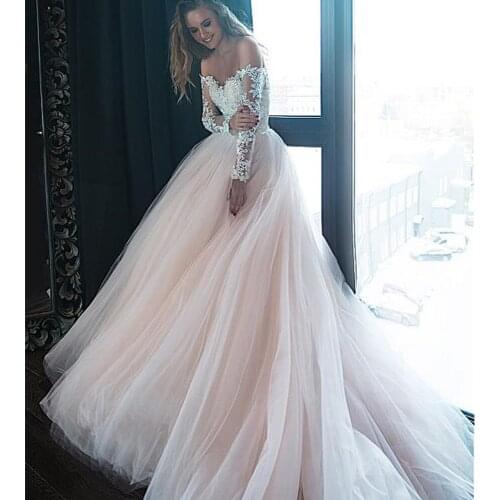 Sexy Off The Shoulder Ball Gown Wedding Dresses Gorgeous Tulle Beaded Lace Appliques Nude Lining Bridal Gowns with Long Sleeves