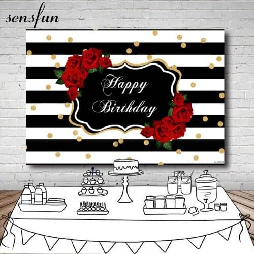 Sensfun Happy Birthday White And Black Striped Backdrop Gold Glitter Dots Red Rose Flower Photography Backgrounds For Lady Women