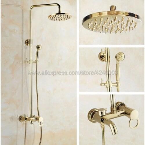Luxury Gold Color Brass Bathroom 8" Rain Shower Faucet Set Wall Mounted Tub Shower Mixer Tap Kgf402