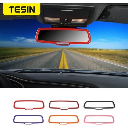 TESIN ABS Car Inner Rearview Mirror Frame Decoration Cover Stickers For Dodge Challenger 2015+ Interior Parts Car Accessories