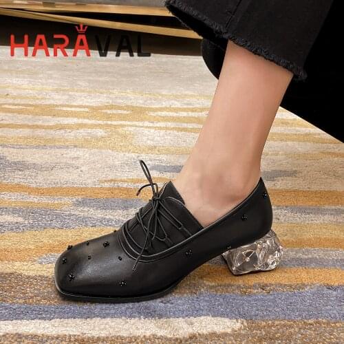 HARAVAL 2021 New Women Pumps Shoes Black White Spring Autumn Genuine Leather Basic Square Toe Classics Casual Shoes Thick A72