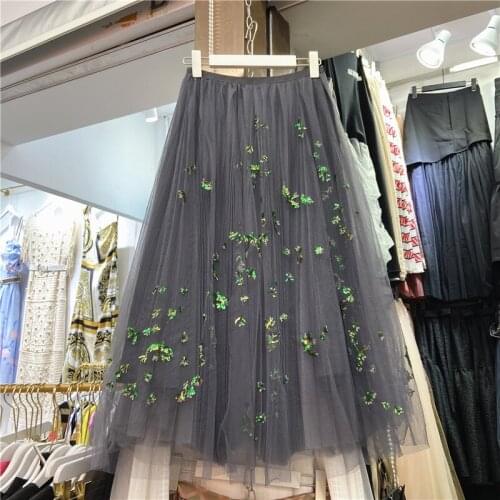 Skirts Womens Autumn New Heavy Embroidery Sequins High Waist A- Line All-Match Mesh Skirt Mid-Length Pleated Swing Jupe Femme