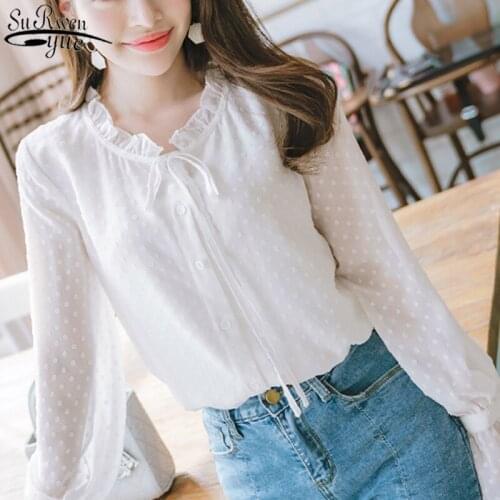 Korean Style OL Autumn New Arrival Women Shirt Sweet Female Blusa Stand Collar Polka Dot Long-sleeve Suntan Women Blouse 10418