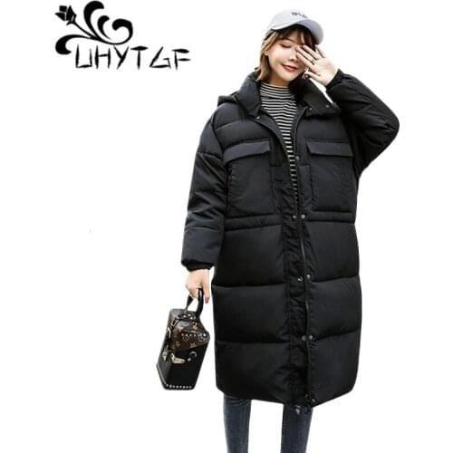 UHYTGF Plus size Down jackets Parka Women Winter Coat Hooded Long Coat Thicken Warm Jacket Down Cotton Padded Jacket Outwear 134