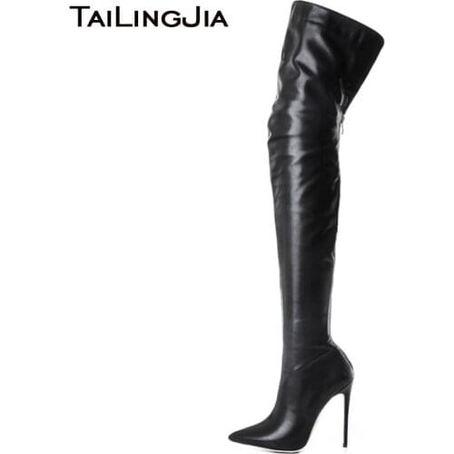 Women Black High Heel Pointed toe Over the Knee High Boots Ladies Thigh High Long Boots Stiletto Heel Large Size Wholesale