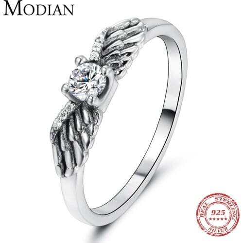 Modian Dazzling Real 925 Sterling Silver Flying Angel Wings Clear CZ Finger Rings for Women Fashion Unique Design Jewelry Bijoux