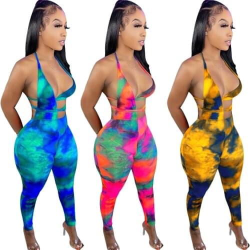 Casual Women Print Tie Dye Jumpsuit Backless Bandage Halter Long Romper Women Jumpsuit Outfit