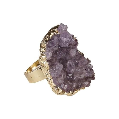 New Design Light Gold Color Metal Alloy Purple Natural Druzy Stone Jewelry Rings for Women Anniversary/Party Gift