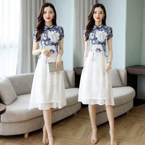Elegant Floral Printed Party Dresses Summer Womens Clothing Retro National Style Waist Cheongsam Fashion Lady Qipao