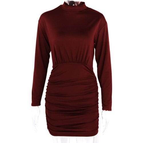 2021 New Spring And Summer Dress Sexy Round Neck Pleated Long Sleeve Buttock Girdle Dress Womens Mid Waist Slim Short SkirtC040